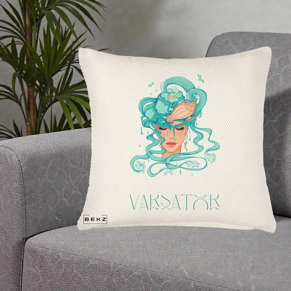 Perna Personalizata Zodiac Varsator Cowgirl, 40x40 cm, Crem Reliefat, Husa Detasabila, Perna Inclusa, BEKZ®