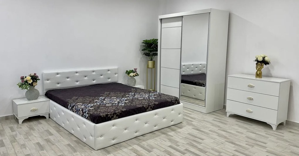 Dormitor Erika / Madrid, culoare alb, cu pat tapiterie alba 140 x 200, dulap 150 cm, comoda si 2 noptiere