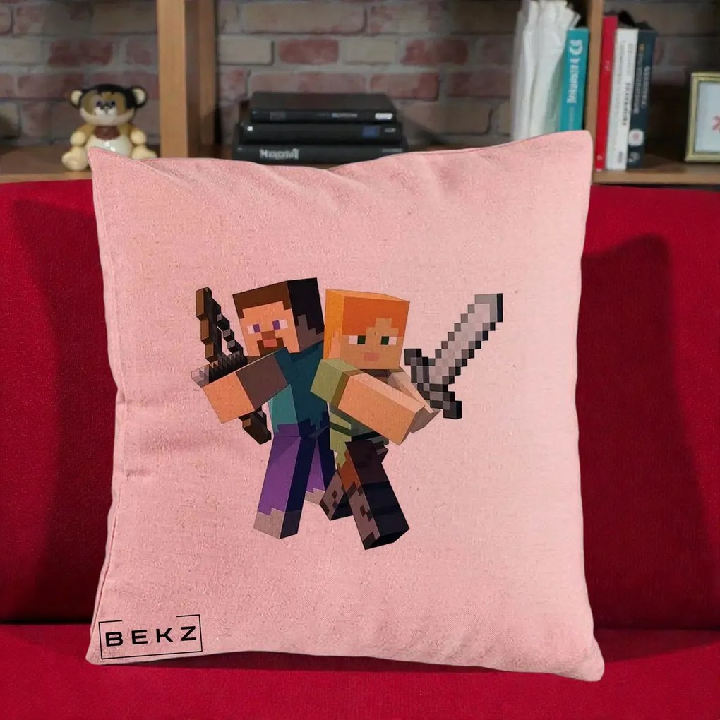 Perna Personalizata Minecraft Steve si Alex, 40x40 cm, Roz, Husa Detasabila, Perna Inclusa, BEKZ®