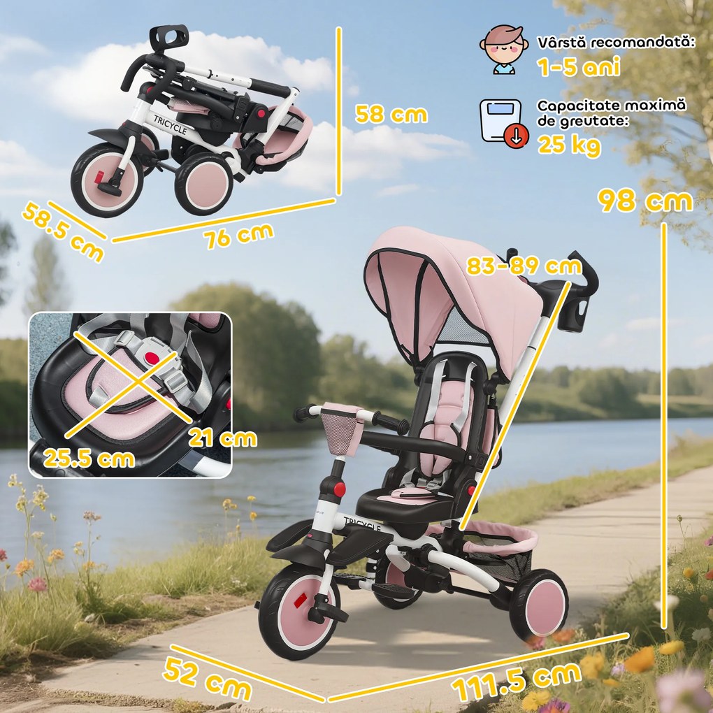 AIYAPLAY Tricicletă 6 în 1 pentru Copii, cu Mâner Parental și Scaun Rotativ, 111,5x52x98 cm, Roz | Aosom Romania
