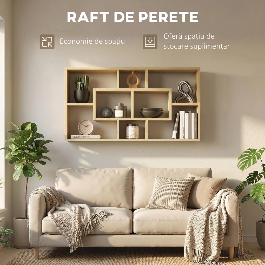 HOMCOM Raft de Perete cu 8 Compartimente, 85 x 14,5 x 47,5 cm, Max. 20 kg, din Lemn, pentru Living, Stejar | Aosom Romania