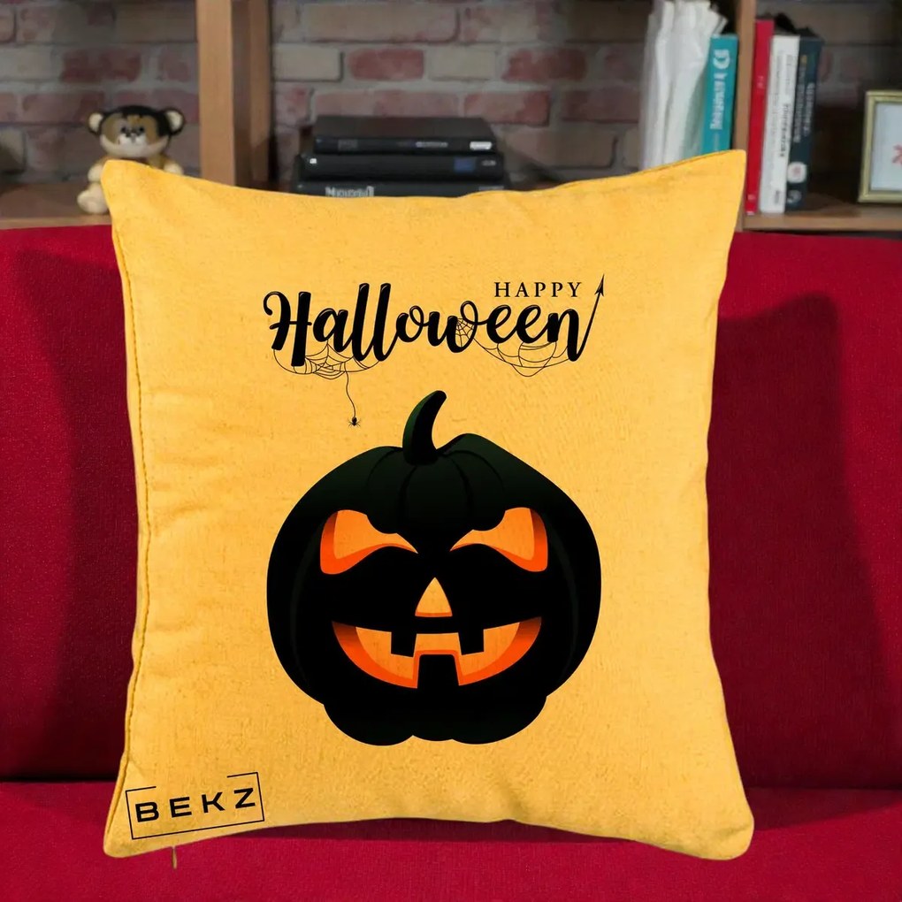 Perna Decorativa Happy Halloween Dovleac Negru cu Paianjen, 40x40 cm, Galben, Husa Detasabila, Perna Inclusa, BEKZ®