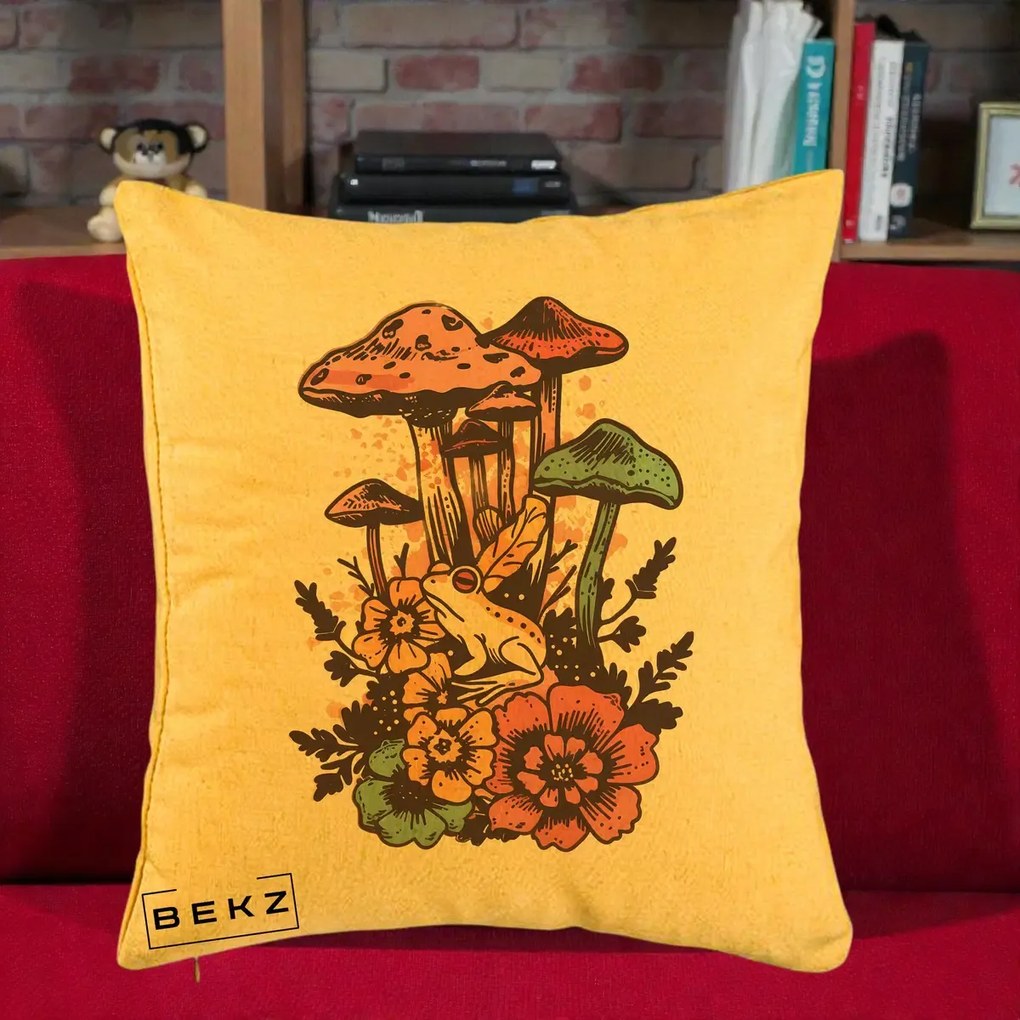 Perna Decorativa Ciuperci si Broaste Boho, 40x40 cm, Galben, Husa Detasabila, Perna Inclusa, BEKZ®