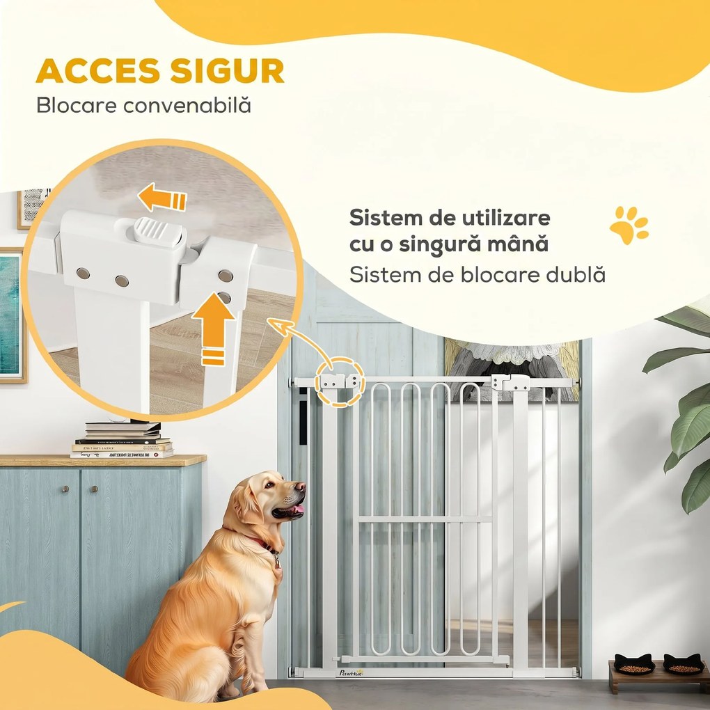 PawHut Poartă de Siguranță Extensibilă pentru Câini 76-104 x 104 cm, Deschidere cu o Singură Mână, Alb | Aosom Romania