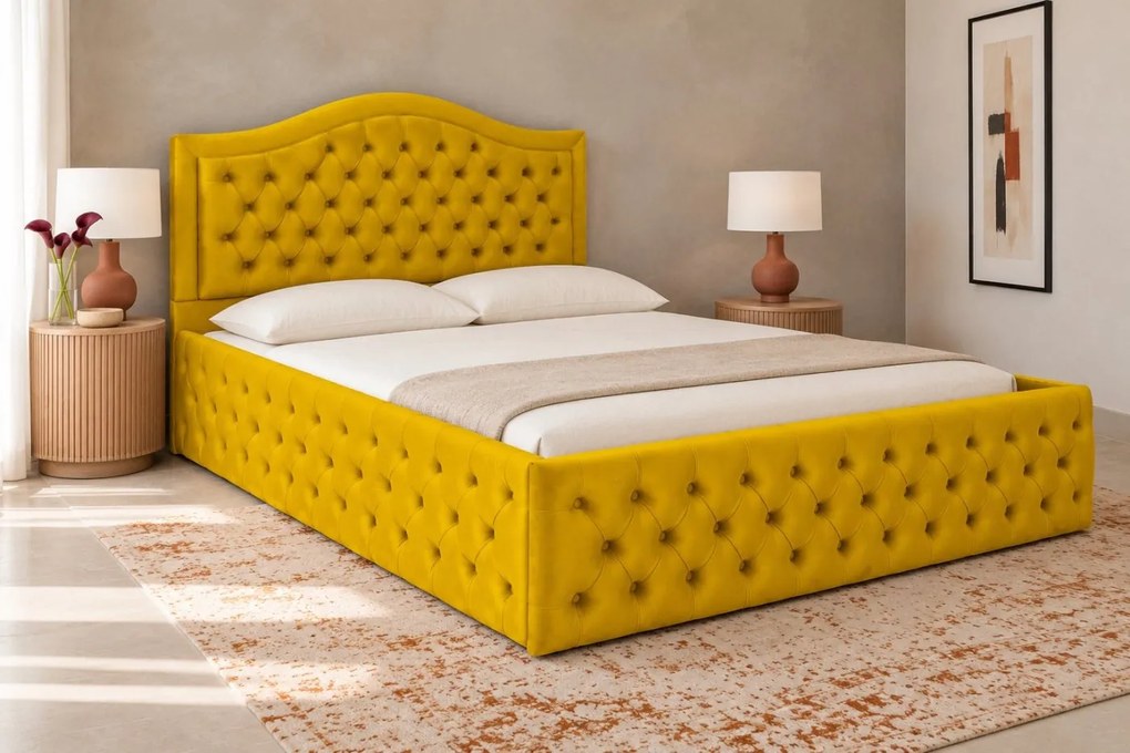 Pat tapițat Chesterfield din catifea Solaria Deluxe 160×200 cm, galben muștar, cu ladă de depozitare