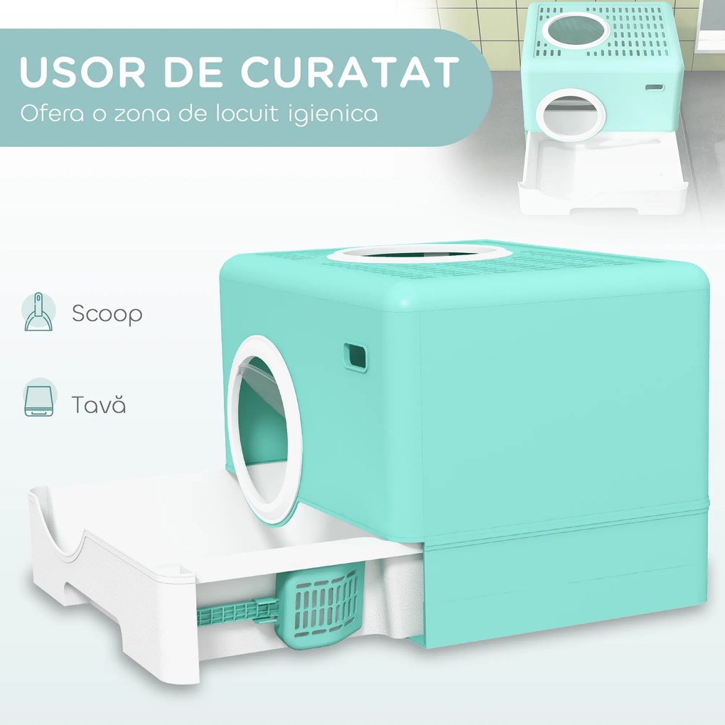 PawHut Litieră pentru Pisici cu Capac și Lopățică, Intrare Dublă și Tavă Detașabilă, 52x41x38.5 cm, Verde | Aosom Romania