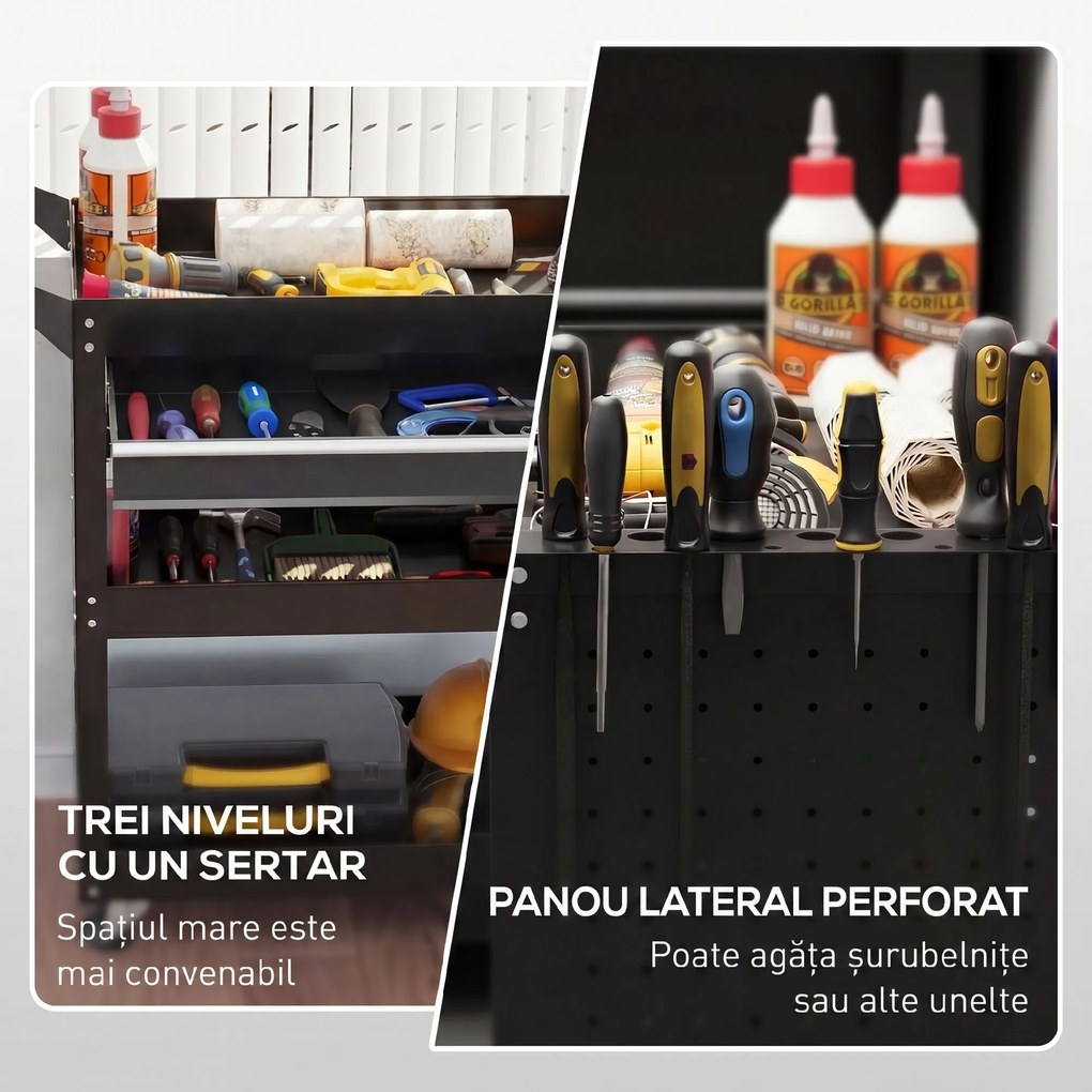 DURHAND Cărucior cu 3 Niveluri din Oțel cu Sertar, Suport Lateral pentru Unelte și Mâner, Negru | Aosom Romania