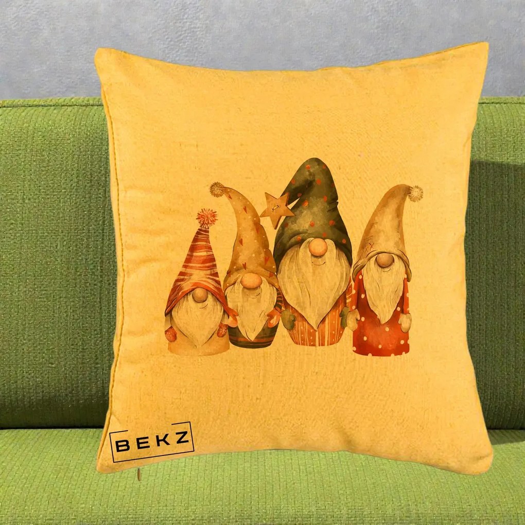 Perna Decorativa Gnomi de Craciun Patru, 40x40 cm, Galben, Husa Detasabila, Perna Inclusa, BEKZ®