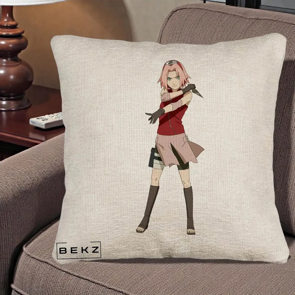 Perna Personalizata Naruto Sakura Haruno Portret, 40x40 cm, Bej Canapea, Husa Detasabila, Perna Inclusa, BEKZ®