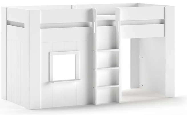Pat semi-supraetajat pentru copii RENO, alb, 90 x 200 cm, din MDF lacuit de înaltă calitate, cu spațiu multifunctional dedesubt – Vipack