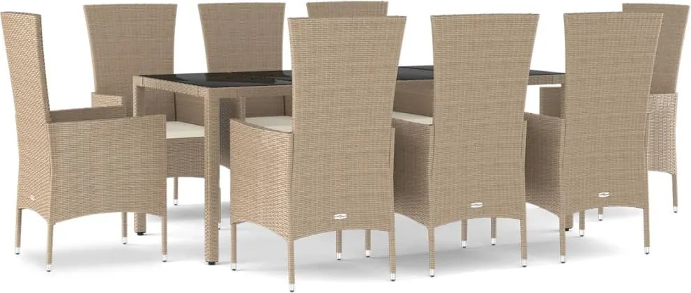 vidaXL Set de masă pentru grădină, 9 piese, cu perne, bej, poliratan