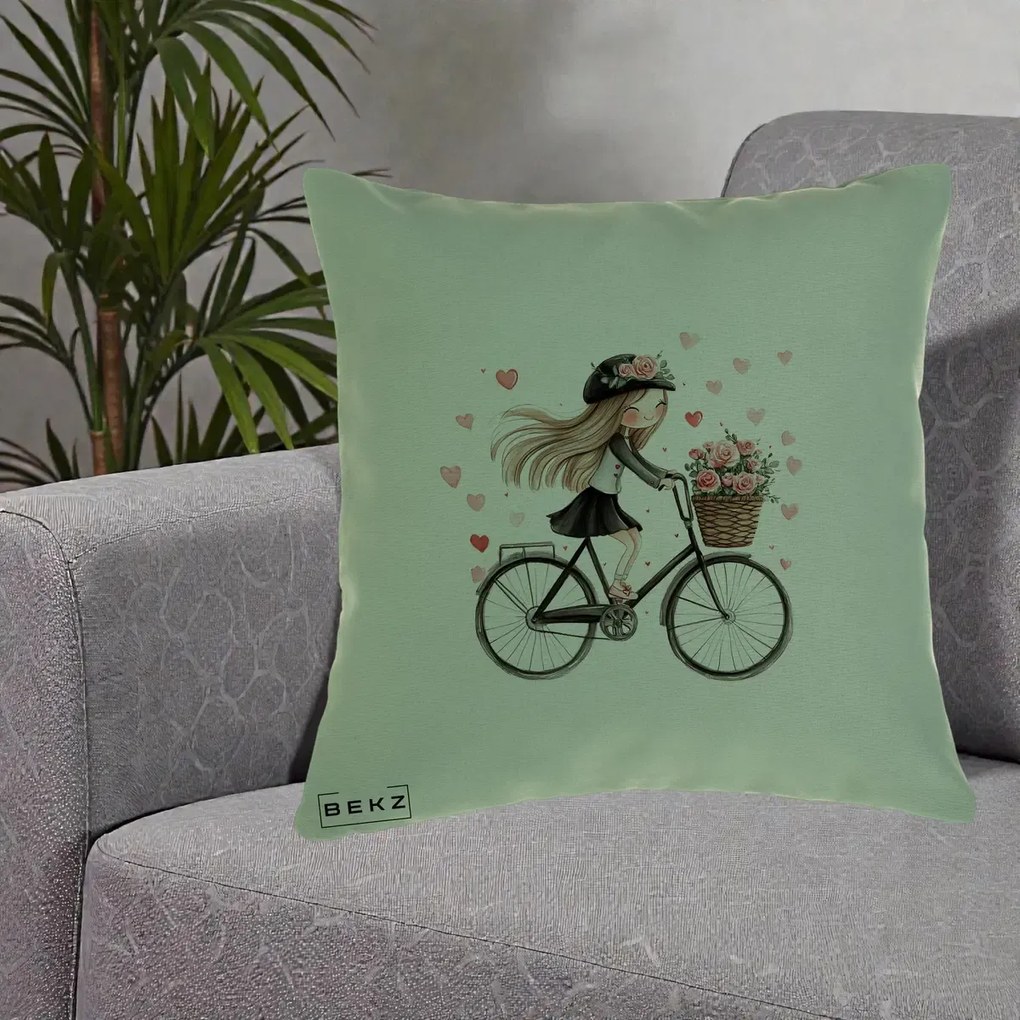 Perna Decorativa Fetita Kawaii pe Bicicleta cu Trandafiri si Inimioare, 40x40 cm, Verde, Husa Detasabila, Perna Inclusa, BEKZ®