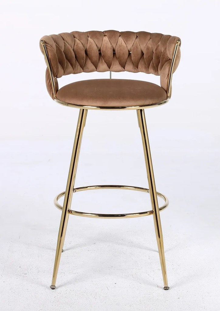 RESIGILAT- Scaun bar, cadru metalic și suport pentru picioare aurii, catifea, Maro