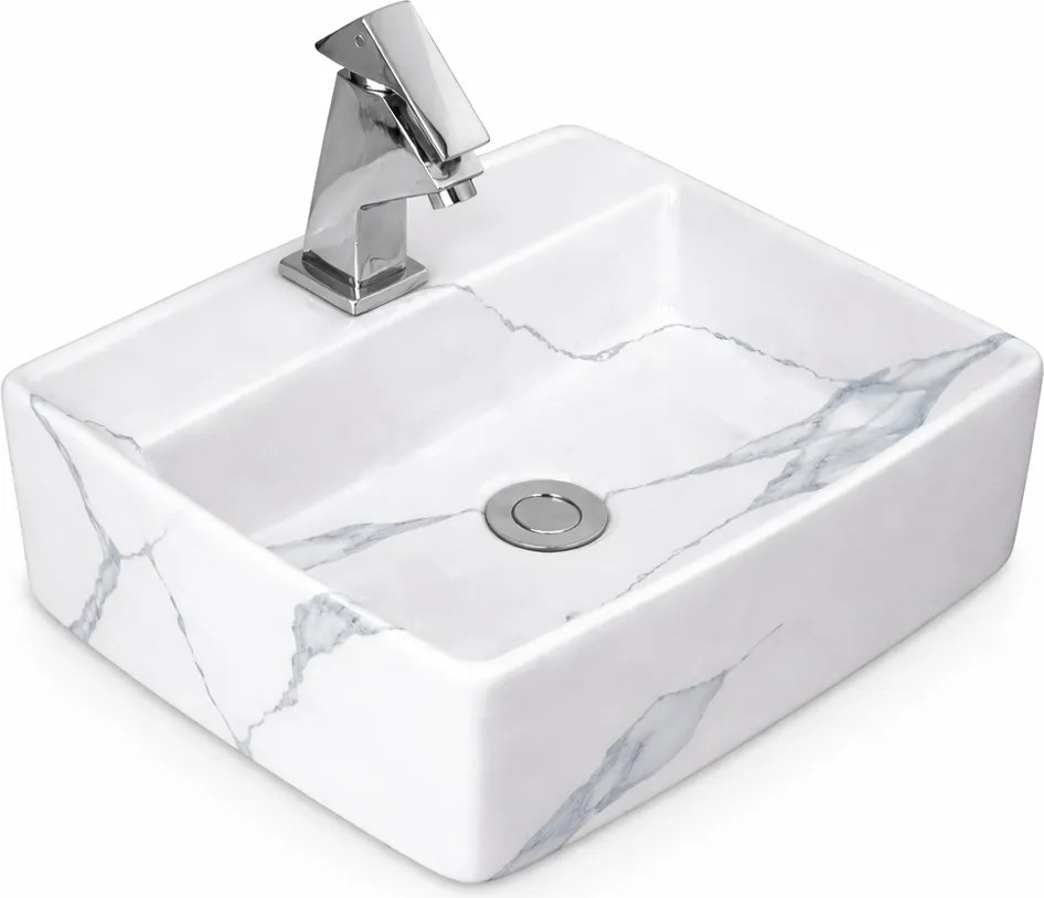 LINZ-M || Lavoar montat pe blat, ceramică, alb, cu model marmură, pătrat