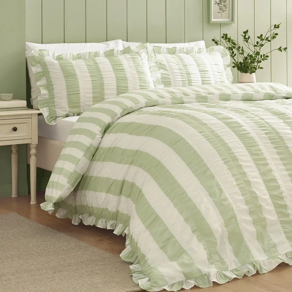 Lenjerie de pat verde pentru pat dublu cu 3 piese 200x200 cm Seersucker Frill Stripe – Catherine Lansfield