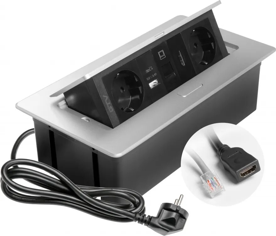 Priza incorporabila in blat Multi Soft GTV, 2 prize Schuko, USB A + C, HDMI, RJ45, aluminiu, 240 x 120 mm Aluminiu Plastic, Aluminiu, L:240 mm; l:120