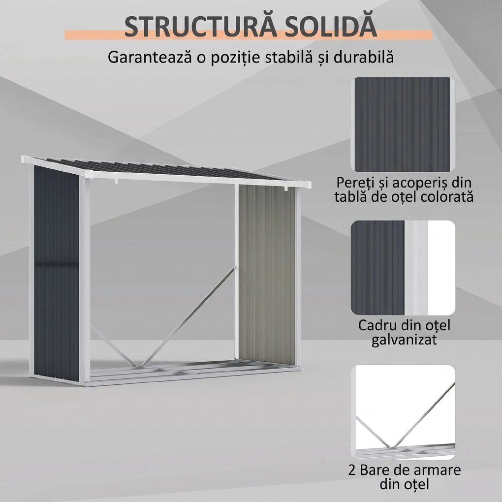 Outsunny Suport exterior pentru lemne, din oțel galvanizat, cu bază înălțată și acoperiș înclinat, 1,34 m², gri închis | Aosom Romania