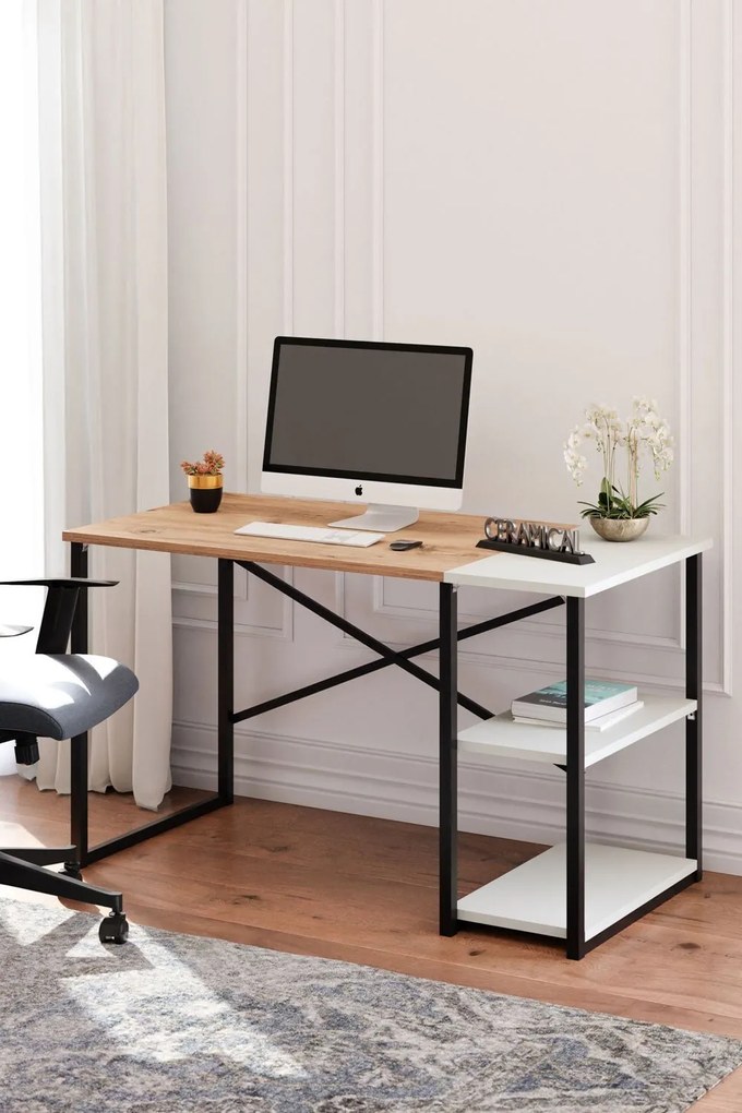 Birou Smart Home Connect, 2 rafturi, Latte/Alb, 120x73x60 cm