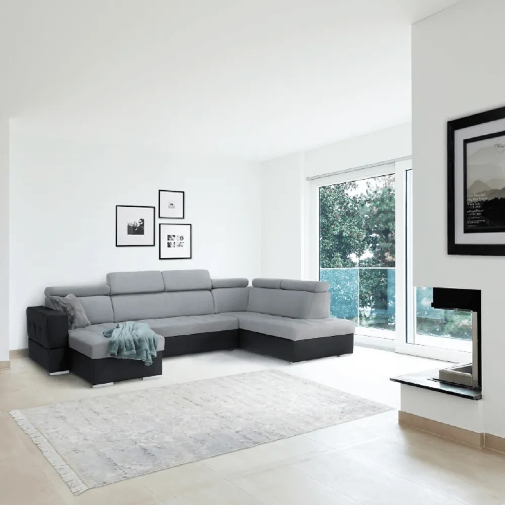 Colţar extensibil, piele ecologică neagră/material textil gri deschis, model stânga, VASTO