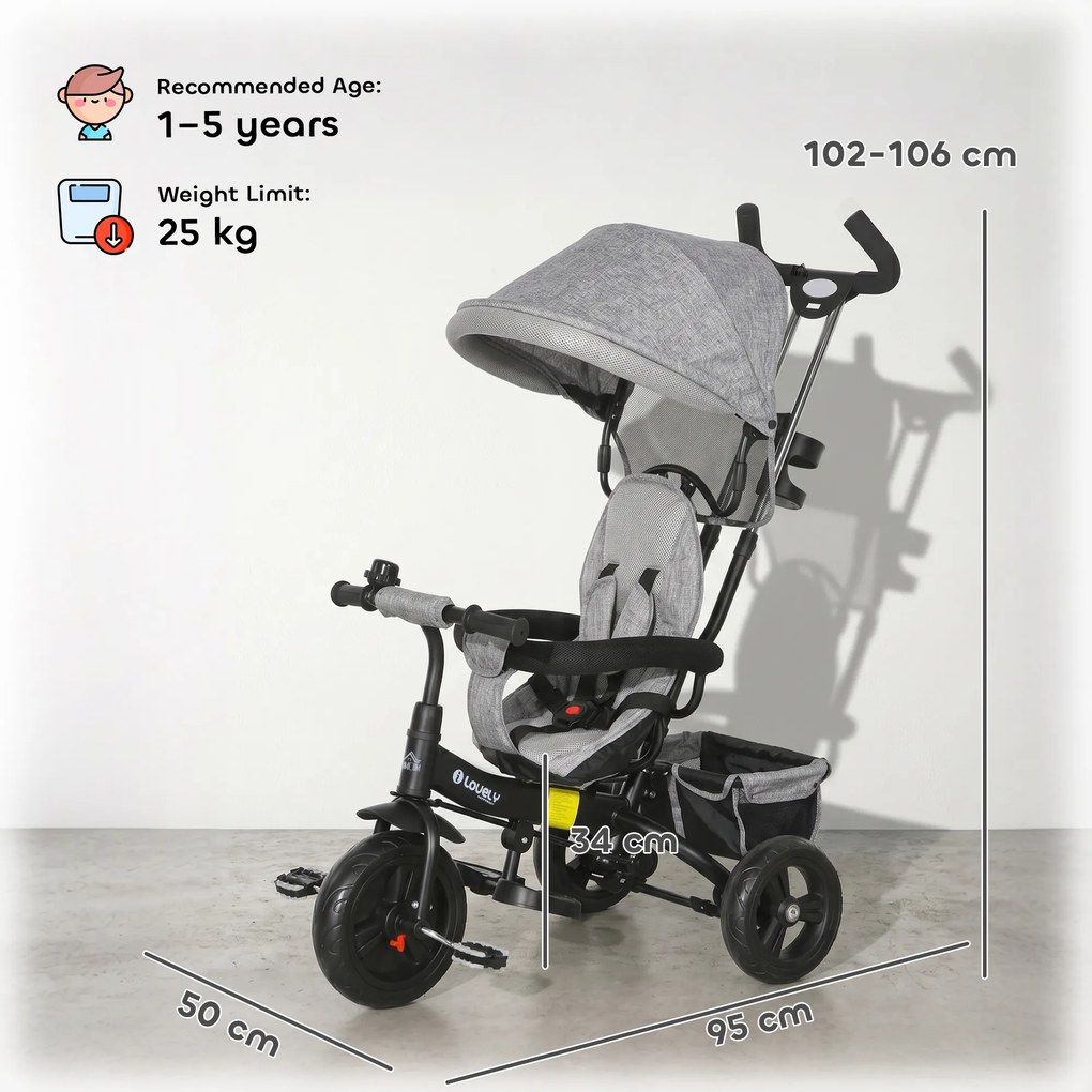 HOMCOM Tricicletă pentru Copii cu Mâner 6 În 1, Cărucior pentru Copii cu Baldachin Reglabil, Centura de Siguranță și Coș, Vârsta 1-5 ani, 95x50x106 cm, Gri
