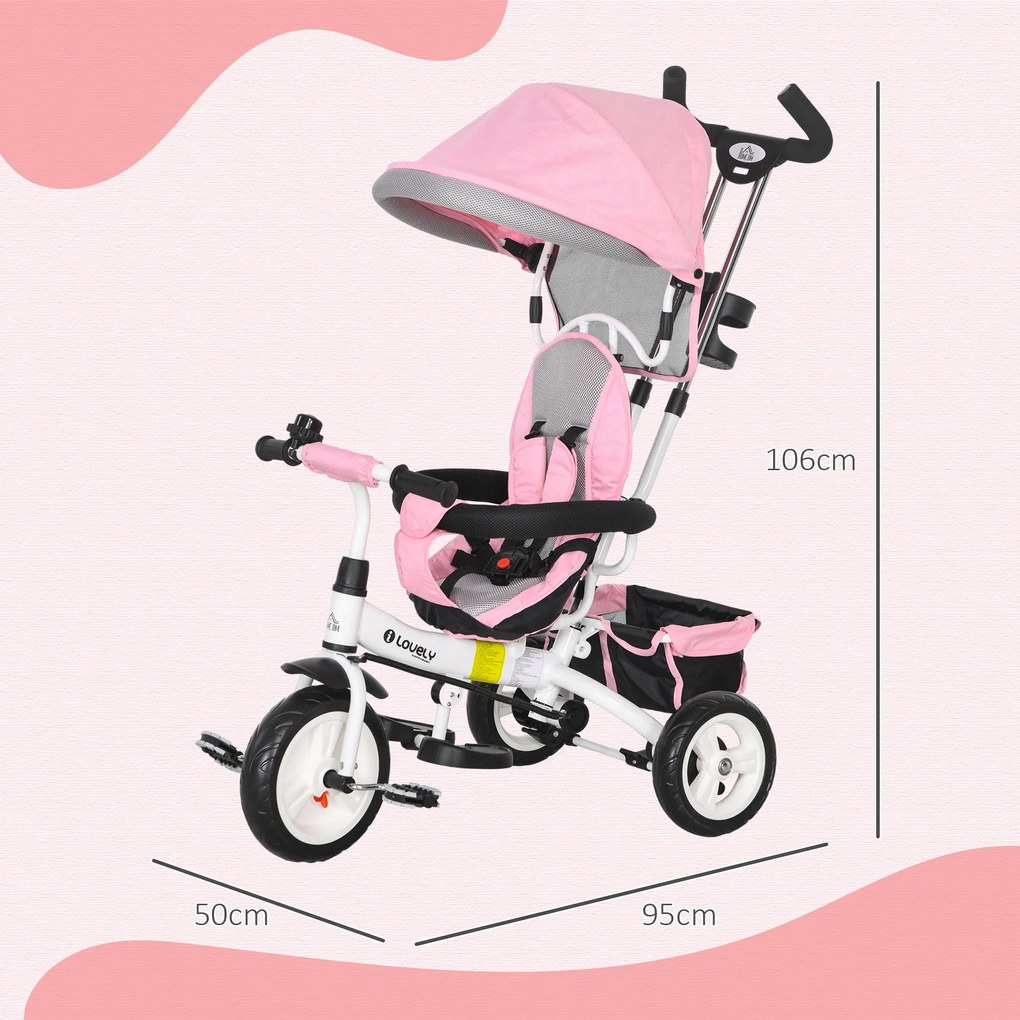 HOMCOM Tricicletă pentru Copii cu Mâner, 95x50x106 cm, Roz | Aosom Romania