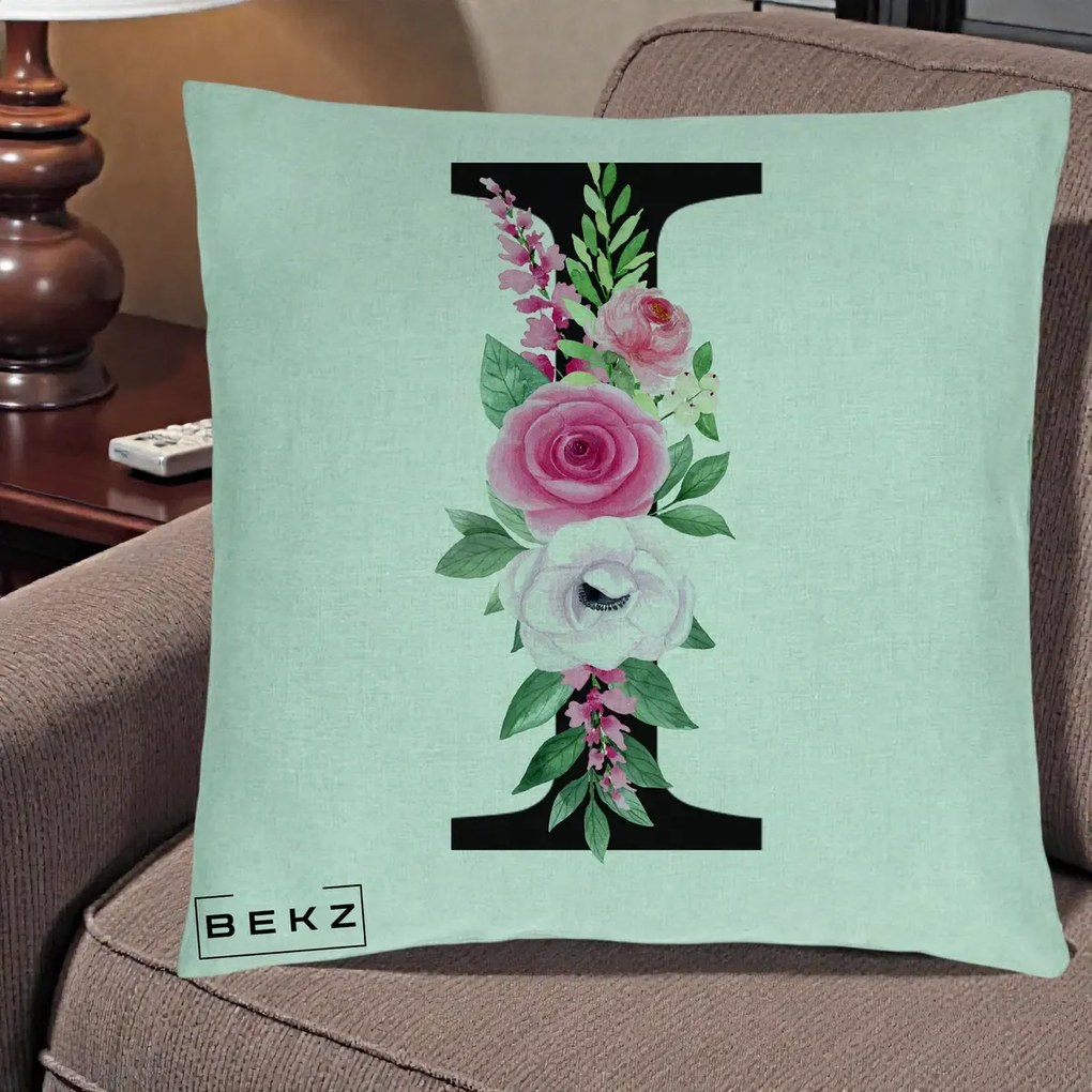 Cadou Personalizat - Perna Personalizata Monograma Florala Litera I, 40x40 cm, Verde Menta, Husa Detasabila, Perna Inclusa, BEKZ®