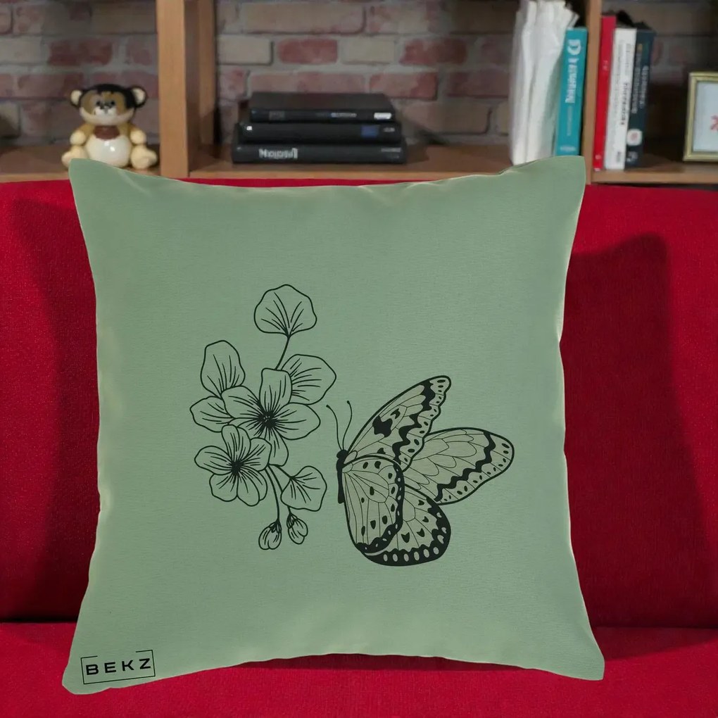 Perna Decorativa Fluture si Flori Linie Monocroma, 40x40 cm, Verde, Husa Detasabila, Perna Inclusa, BEKZ®