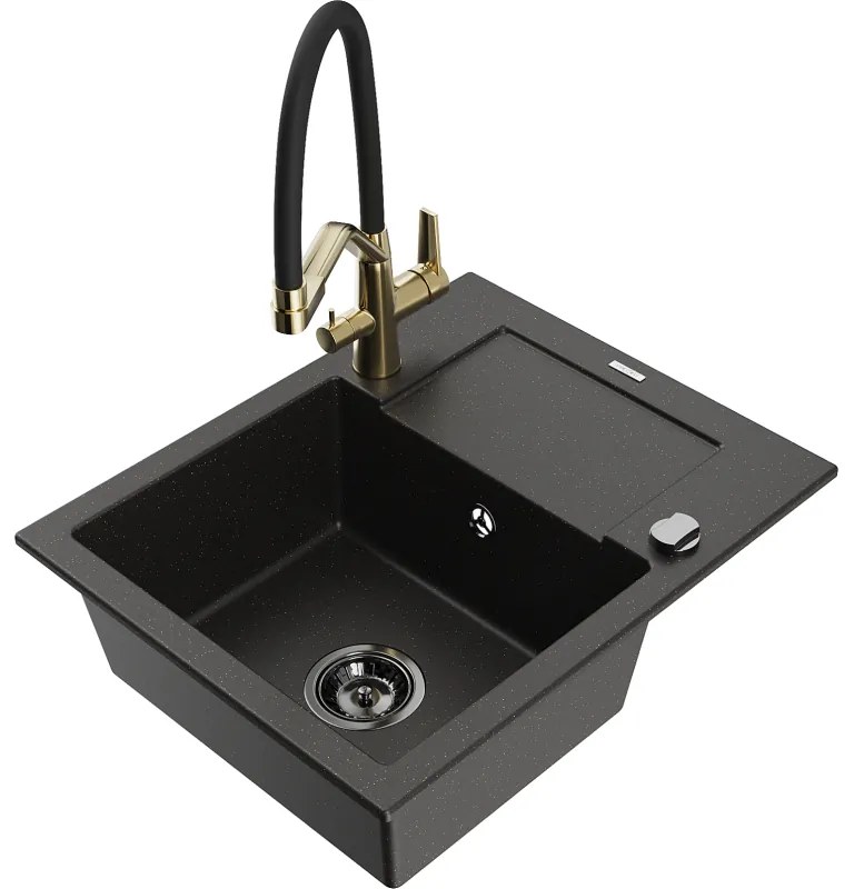 Mexen Enzo chiuvetă de bucătărie din granit cu 1 compartiment, cu scurgător și baterie Duo, negru/auriu metalic