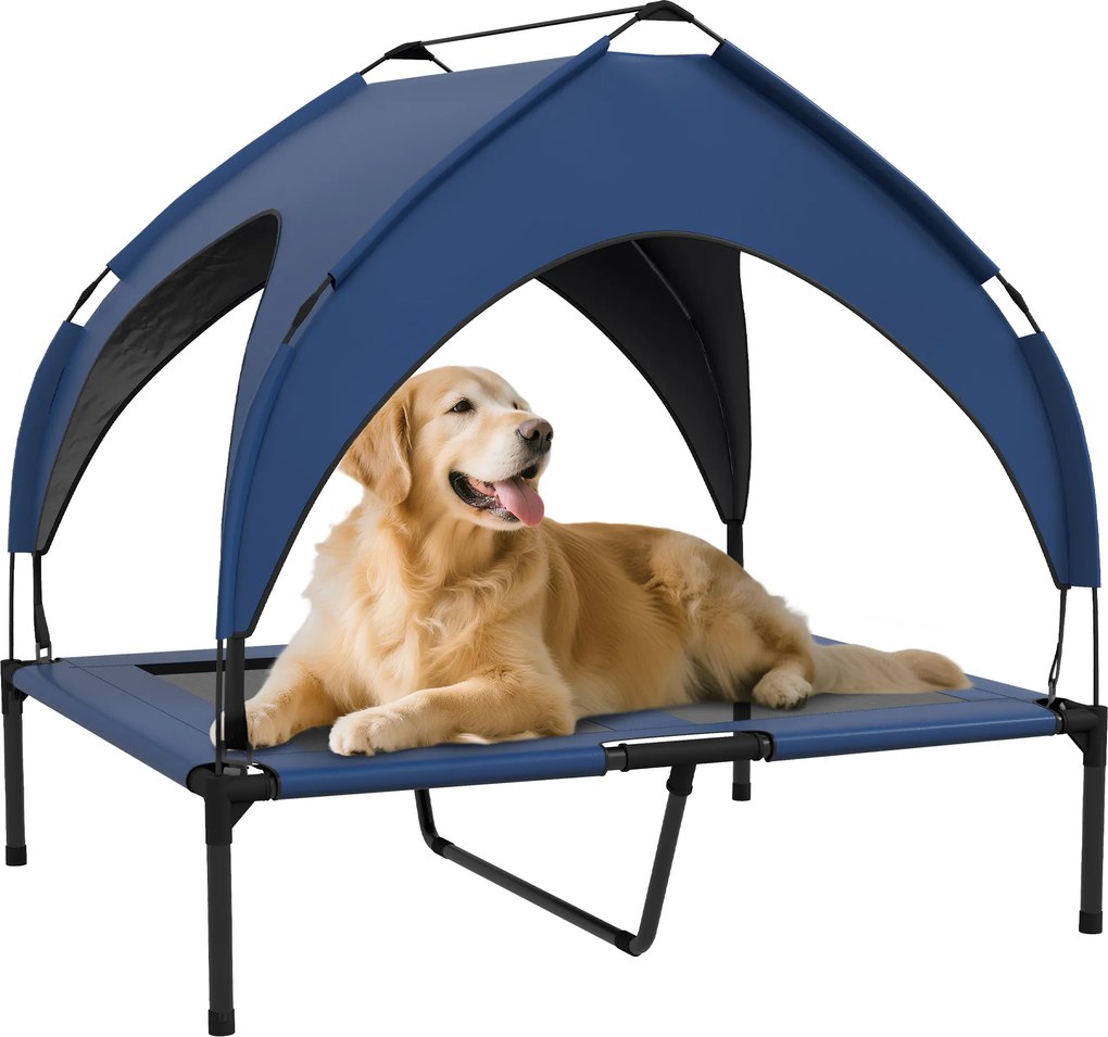 PawHut Pat pentru câini cu acoperiș, respirabil, rezistent la apă, până la 30 kg, 91 x 76 x 89 cm, Albastru închis | Aosom Romania