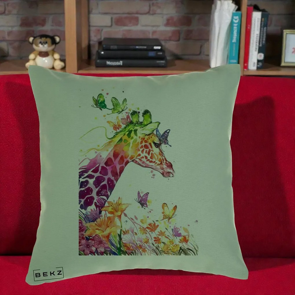 Perna Decorativa Girafa Curcubeu Acuarela, 40x40 cm, Verde, Husa Detasabila, Perna Inclusa, BEKZ®
