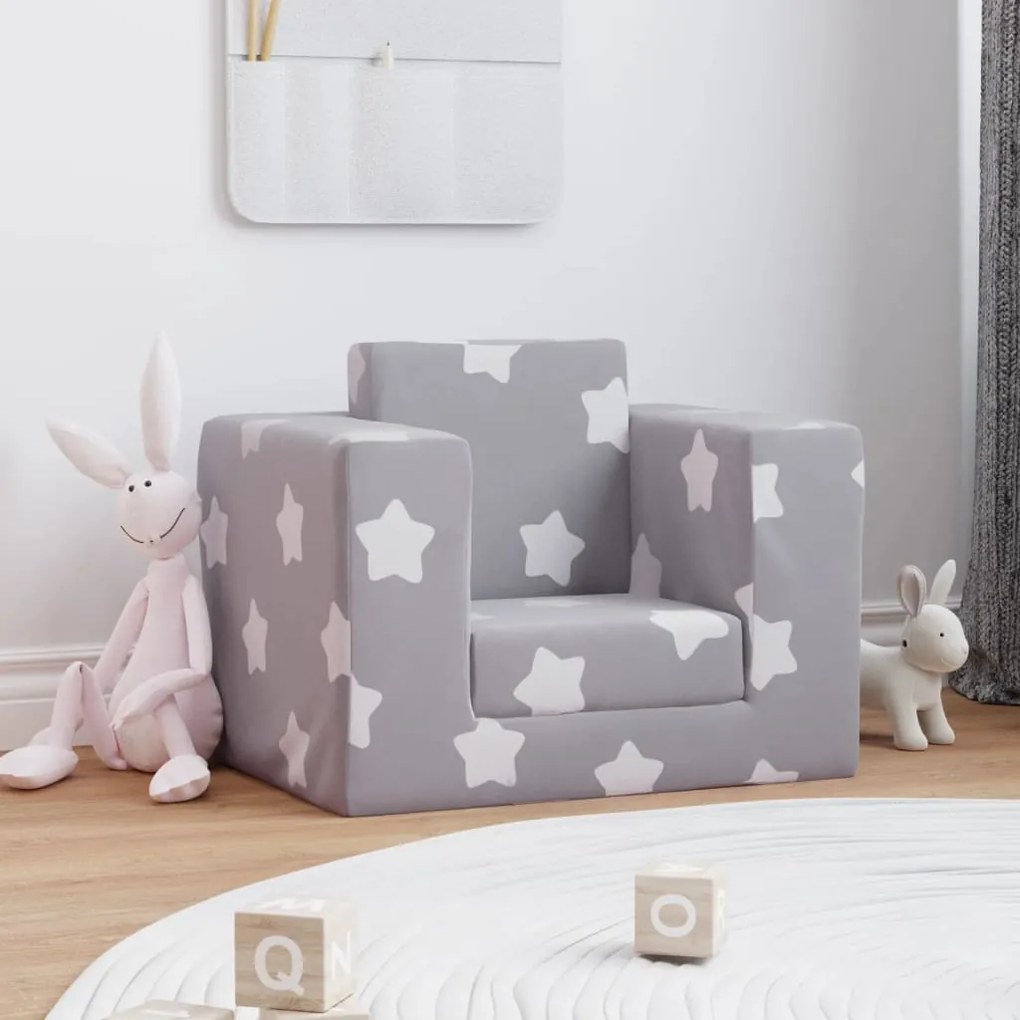 341845 vidaXL Canapea extensibilă de copii, gri deschis cu stele, pluș moale