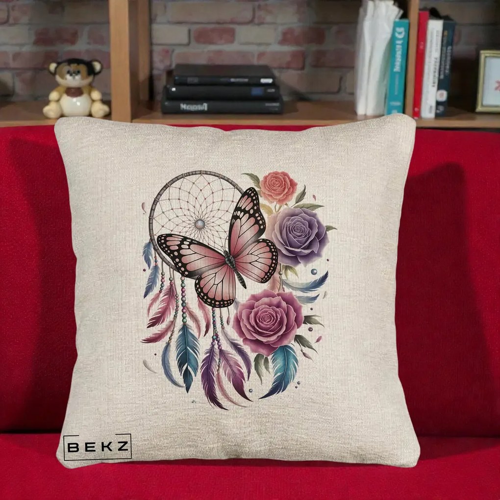 Perna Personalizata Prinzator de Vise cu Fluture si Trandafiri, 40x40 cm, Bej Canapea, Husa Detasabila, Perna Inclusa, BEKZ®
