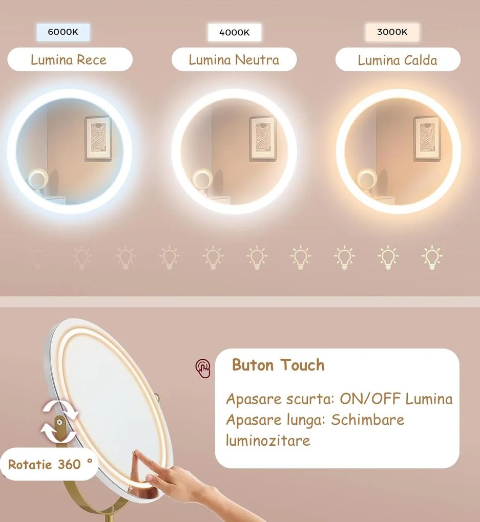 SEA801 - Set Masa toaleta 80 / 100 cm, cu Priza si USB, cosmetica, machiaj, oglinda cu LED, masuta vanity cu scaun tapitat - Alb - Auriu