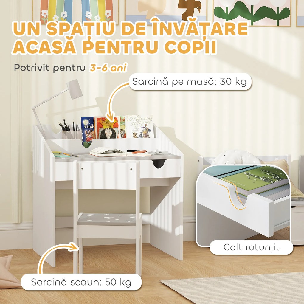 Set AIYAPLAY de Scaun și Masă pentru Copii 3-6 Ani cu Organizator și Sertar Retractabil, din Lemn Gri | Aosom Romania
