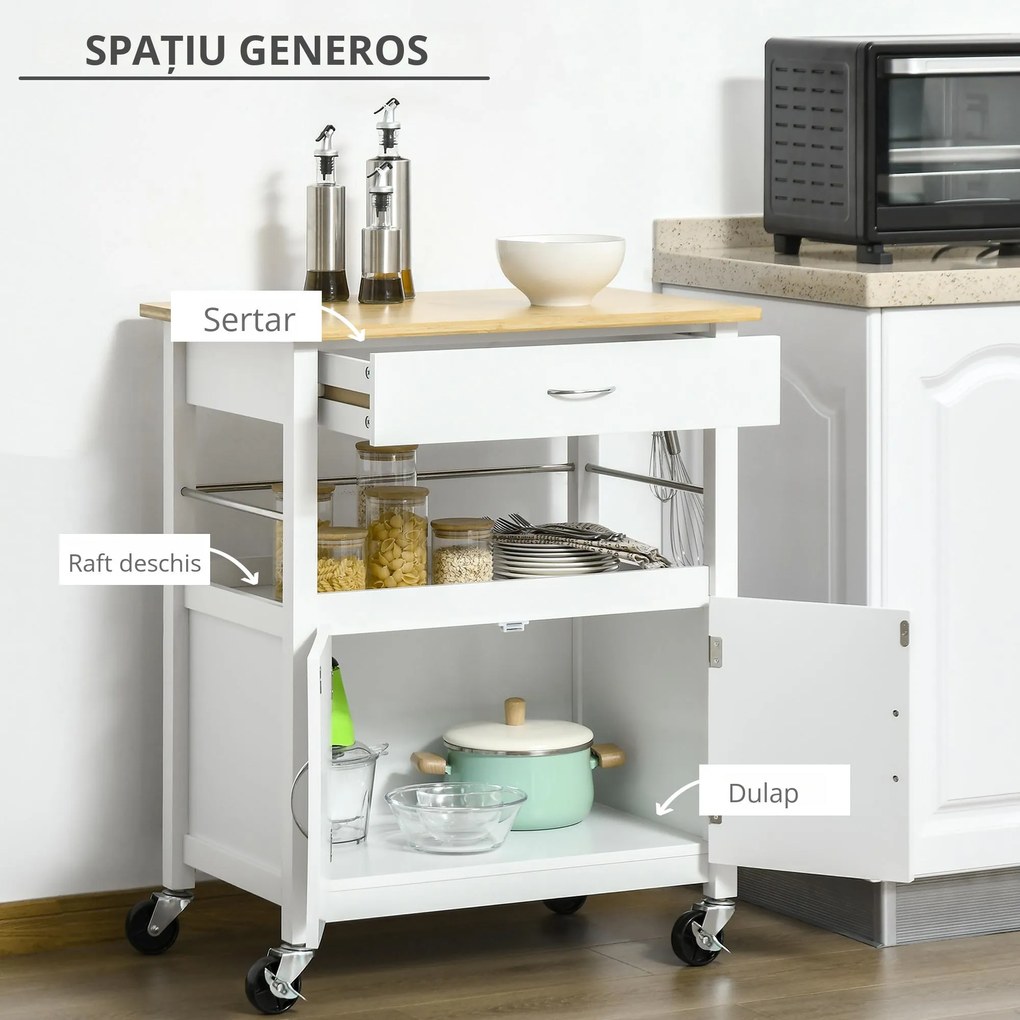 HOMCOM Cărucior Bucătărie cu Sertar, Dulapior și Raft, 4 Roți pentru Mobilitate Ușoară, Design Eficient Spațiu | Aosom Romania
