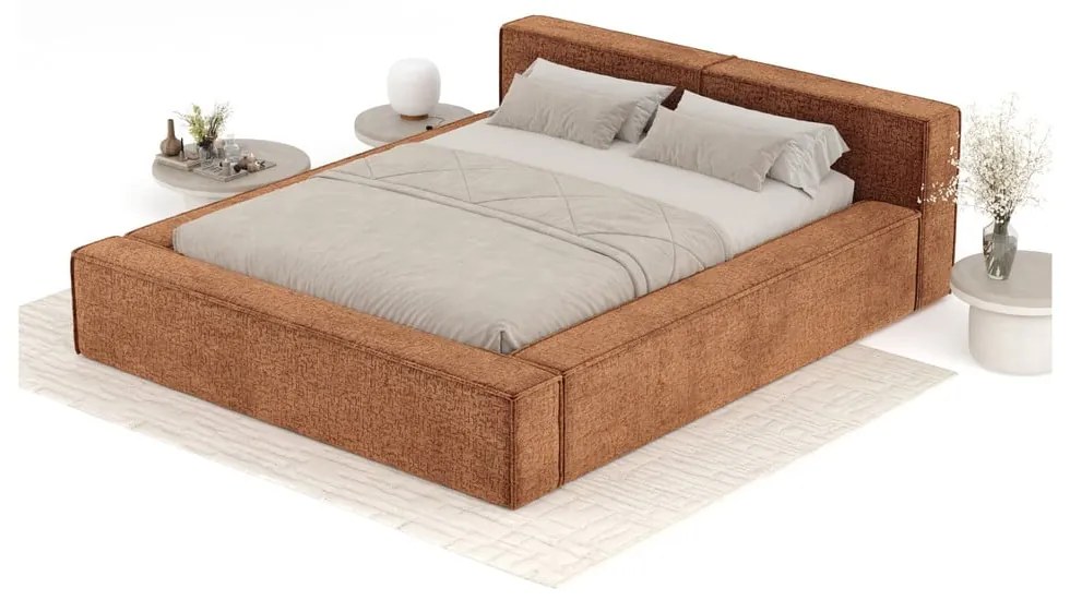 Pat matrimonial portocaliu tapițat cu spațiu de depozitare cu somieră 200x200 cm Voliera – Maison de Rêve