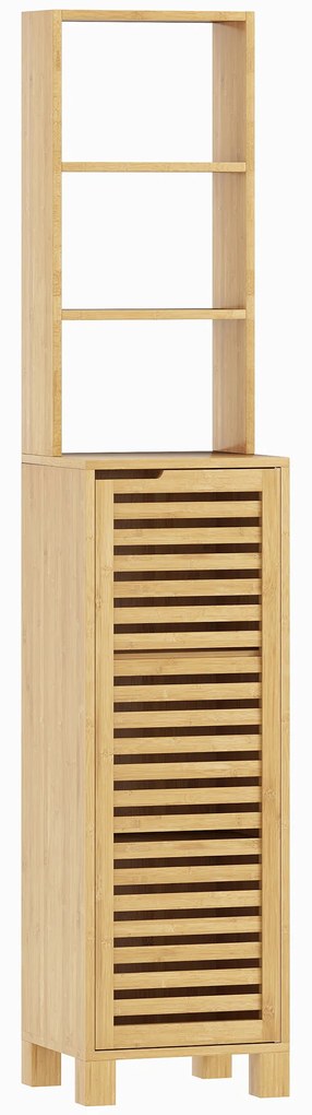 HOMCOM Dulap înalt pentru baie din bambus Coloană îngustă cu 3 polițe deschise Ușă cu lamele Rafturi reglabile 34x30x170 cm Natural | Aosom Romania