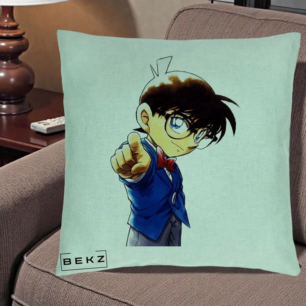 Perna Personalizata Detective Conan Conan Arata, 40x40 cm, Verde Menta, Husa Detasabila, Perna Inclusa, BEKZ®