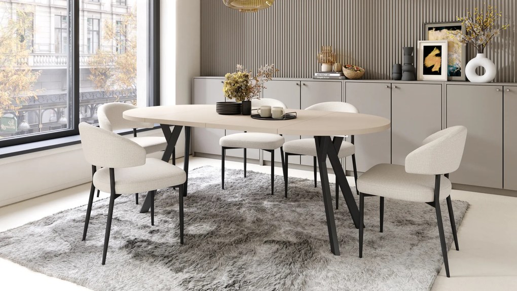 Mazzoni ALMO Bej/picioare negre - MASĂ ROTUNDĂ EXTENSIBILĂ CU PICIOARE ÎN FORMĂ DE Y STIL LOFT PENTRU SALON/SUFRAGERIE