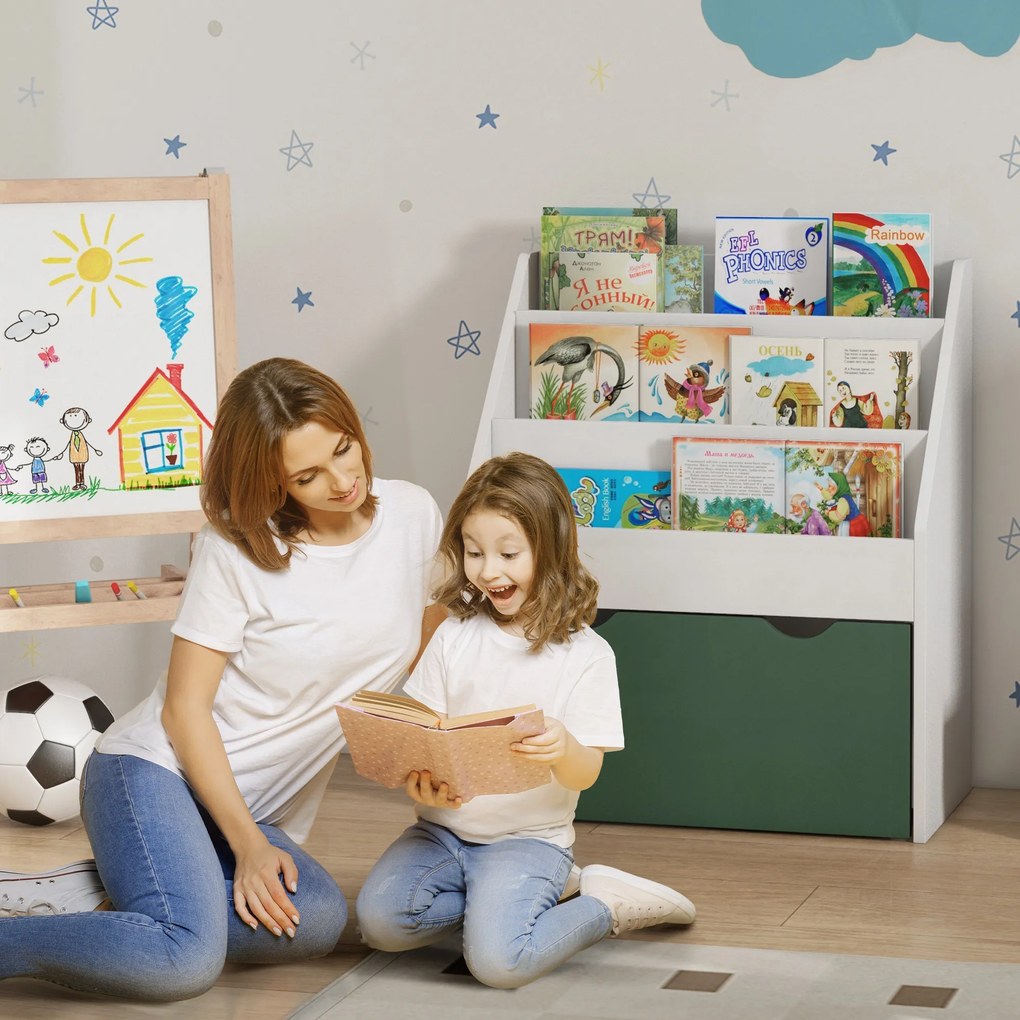 AIYAPLAY Bibliotecă pentru Copii cu Rafturi, Sertar, pentru Dormitor, Cameră de Joacă, Alb și Verde | Aosom Romania