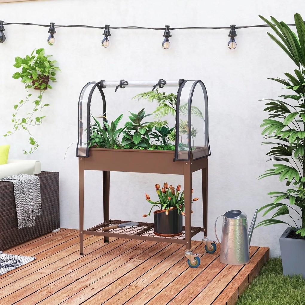 Outsunny Strat de Gradină Înălțat cu Acoperiș de Sera, Jardiniera Mobilă cu Roți și Raft Inferior pentru Legume, Flori, Ierburi | Aosom Romania