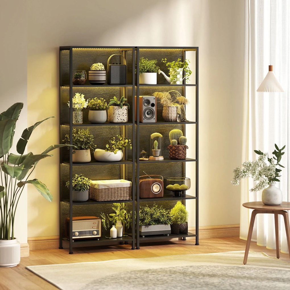 HOMCOM Bibliotecă cu 5 Rafturi, Verticală cu Iluminare LED în 7 Culori, Economisire Spațiu pentru Living, Dormitor și Birou, 60x30x179 cm, Negru | Aosom Romania