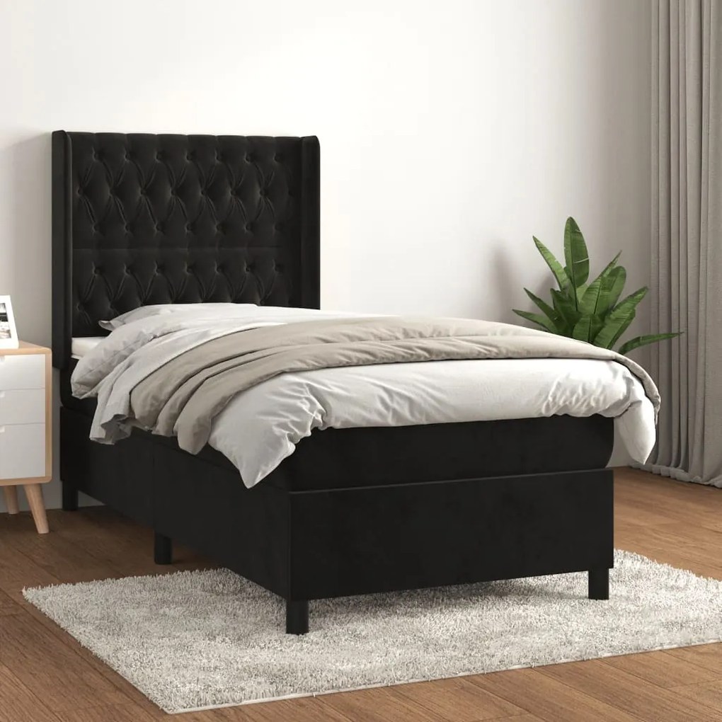 Pat box spring cu saltea, negru, 90x200 cm, catifea Negru, 90 x 200 cm, Design cu nasturi