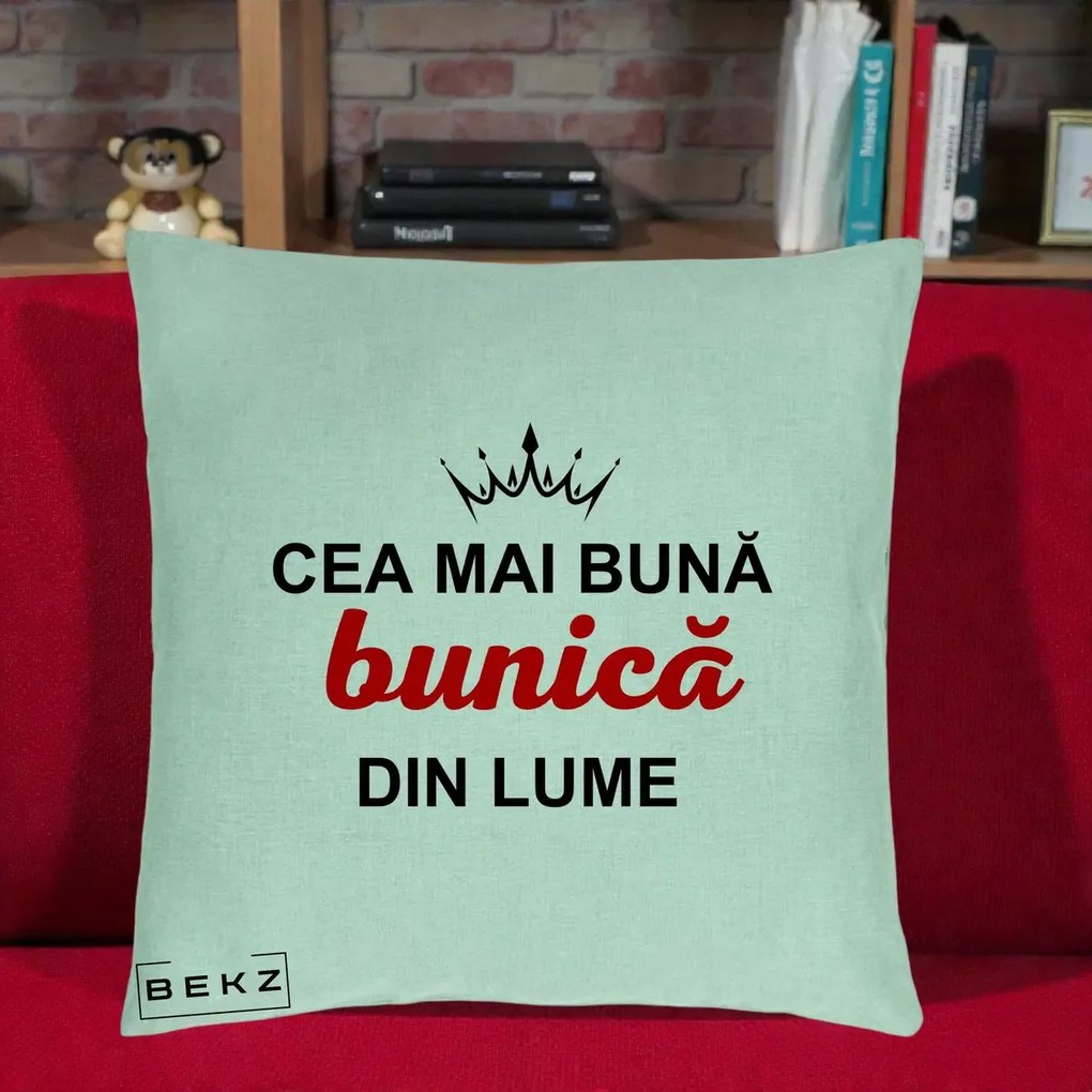 Cadou pentru Bunica - Perna Personalizata Cea Mai Buna Bunica Din Lume Coroana Neagra, 40x40 cm, Verde Menta, Husa Detasabila, Perna Inclusa, BEKZ®