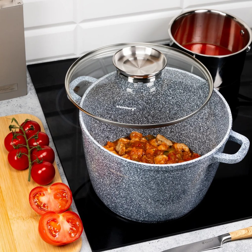 Oală cu capac 24 cm, 6.2L – Klausberg KB 7525, gri, strat antiaderent cu marmură, curățare ușoară și design modern