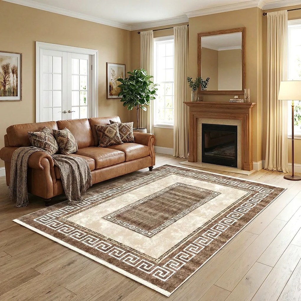 Covor camera antiderapant, 80x200 cm, bej-maro, model Athena