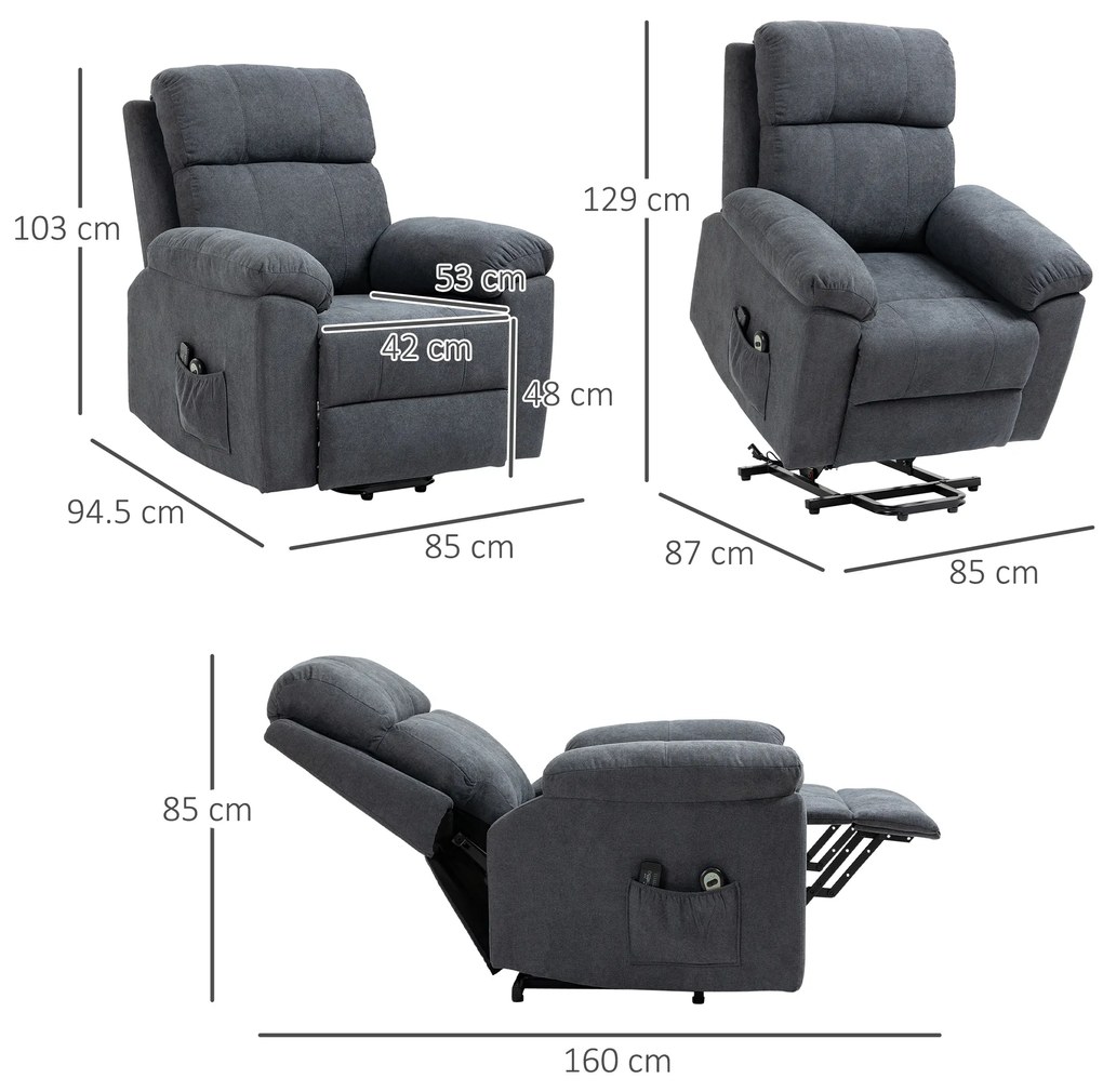 HOMCOM Scaun electric cu ridicare, scaun tapitat cu tesatura pentru persoanele in varsta cu telecomanda, buzunare laterale si cadru din otel, gri