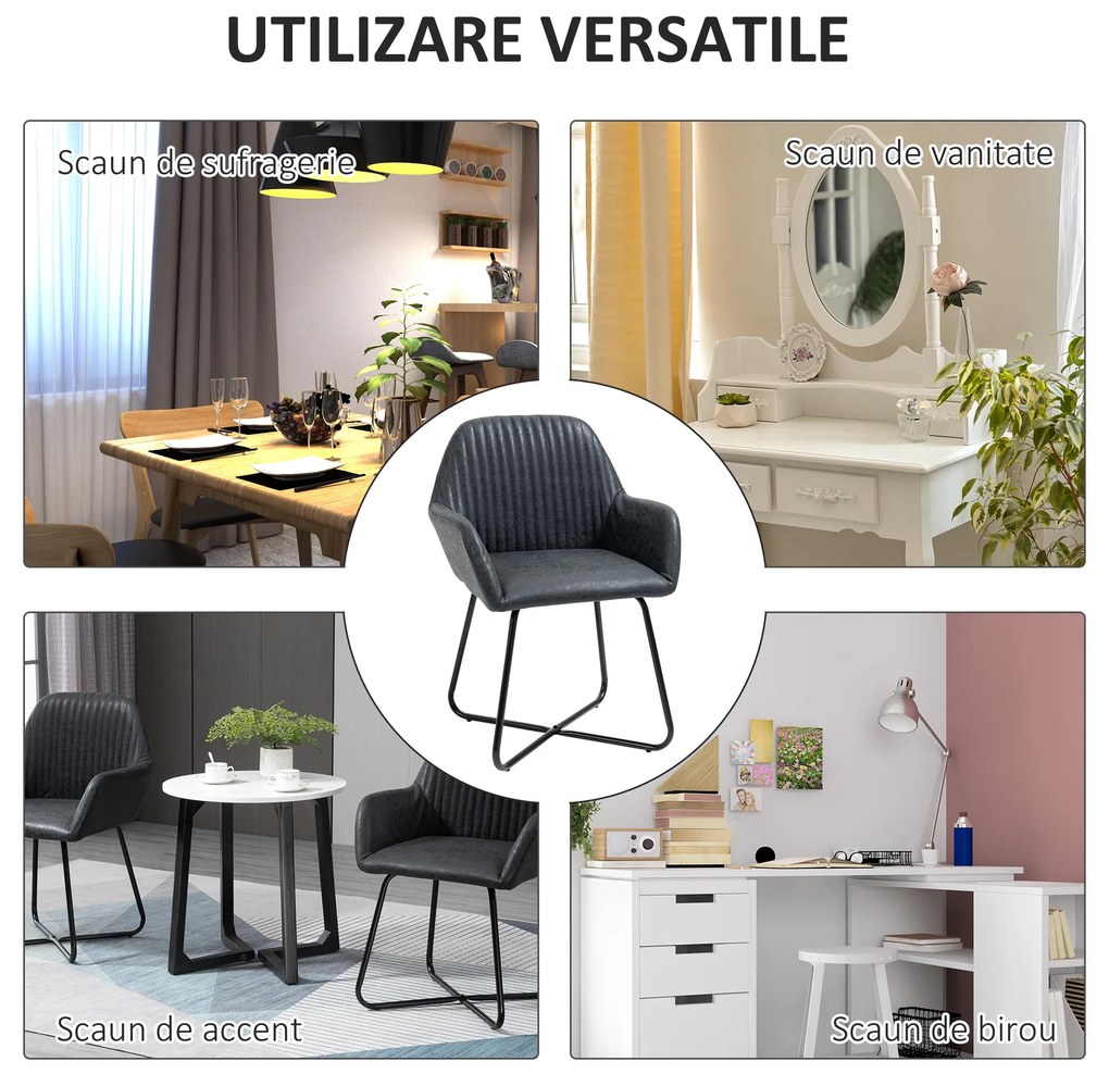 HOMCOM Set Scaune Elegante Imitație Piele cu Picioare Metalice Antiderapante și Anti-Zgârieturi 60x56.5x85cm Negru | Aosom Romania