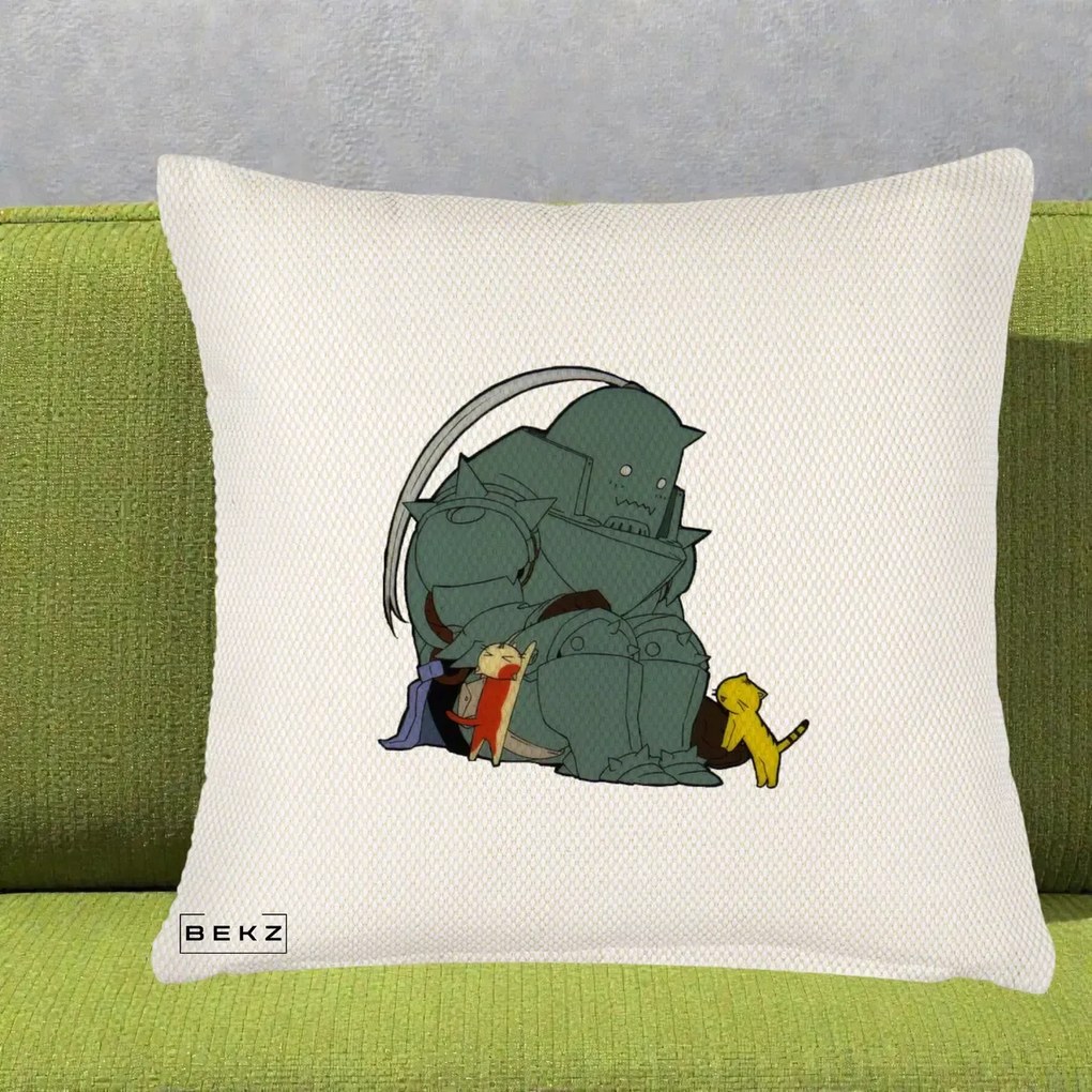 Perna Personalizata Fullmetal Alchemist Alphonse cu Pisici, 40x40 cm, Crem Reliefat, Husa Detasabila, Perna Inclusa, BEKZ®