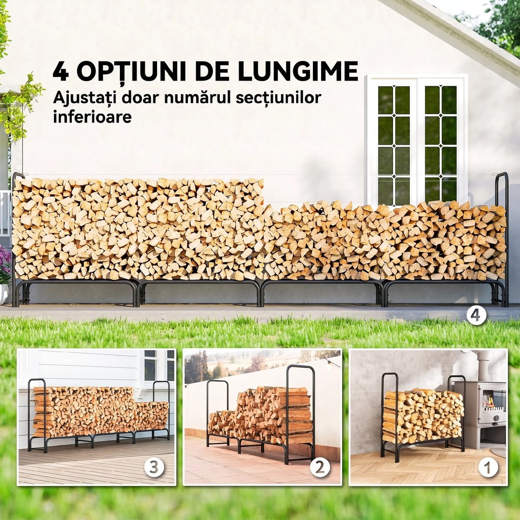 Outsunny Suport pentru Lemne 1 m³, Reglabil, cu Husă Impermeabilă din PE, Metal, 360 x 36 x 99 cm, Negru și Verde Închis | Aosom Romania